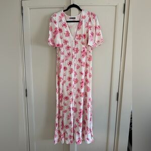 Zara Floral Flutter Sleeve Maxi Dress Button Up Large